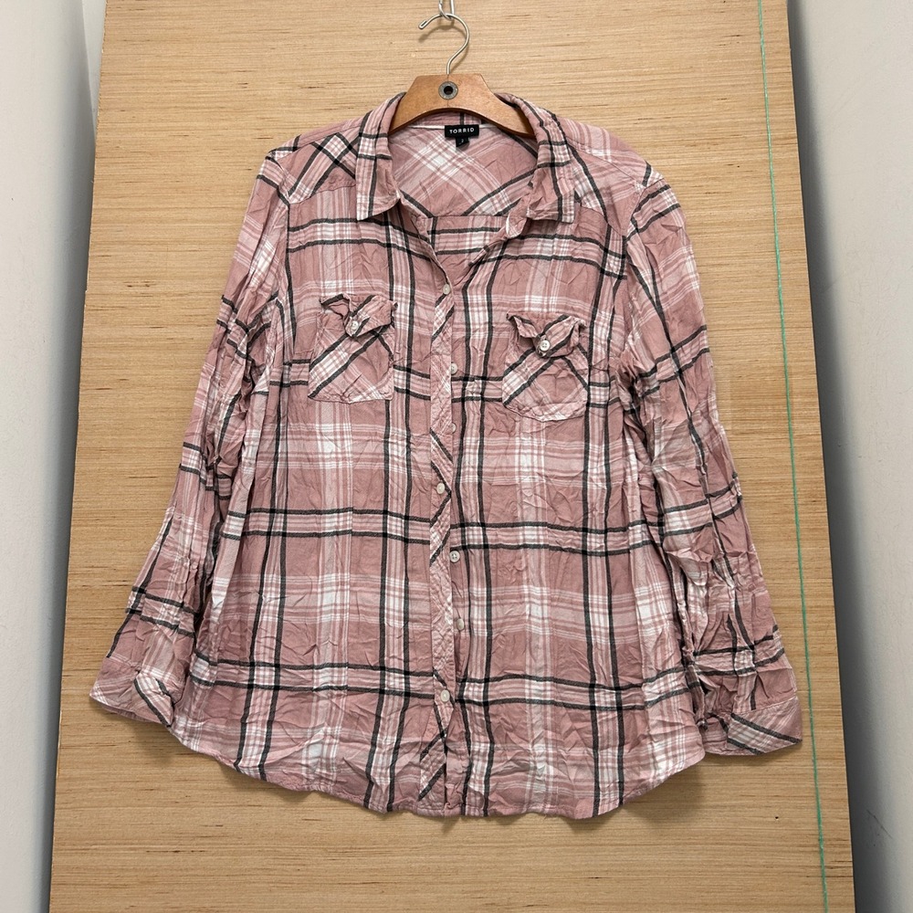 Torrid Mauve Pink Plaid Button Down Shirt Long Sleeve Plus Size 2 2X 6988